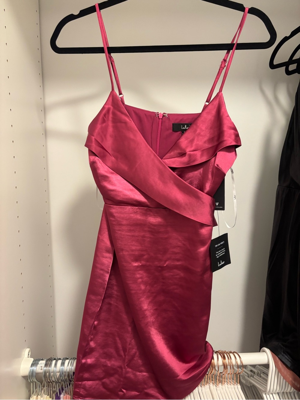 Lulu's Hot Pink Satin Wrap-Detail Mini Dress